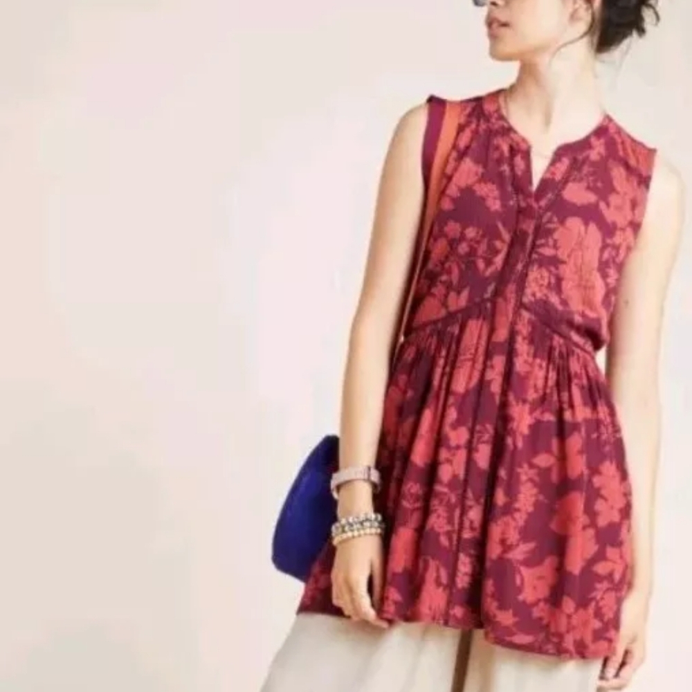 Anthropologie Nia Tunic Top Wine Floral Women M Sleeveless Red Button Babydoll